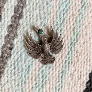 Sterling Bird with turquoise color eye  Brooch - Vintage 1970s