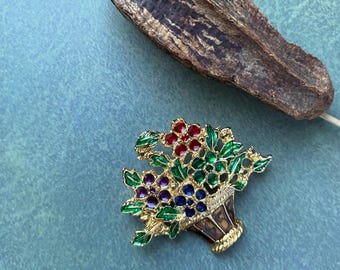 Gold Tone Flower Basket Brooch - Vintage