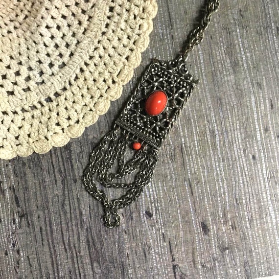 EDLEE Necklace Silver Tone With Coral colored Sto… - image 1