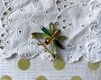 Gold Tone Green Stone Insect Brooch Pin