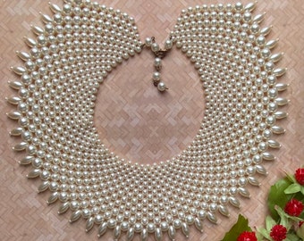 White Faux Pearl Bib Necklace  -  Vintage