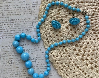 Czech Blue Beaded  Necklace and Screw On Earring Set - Vintage