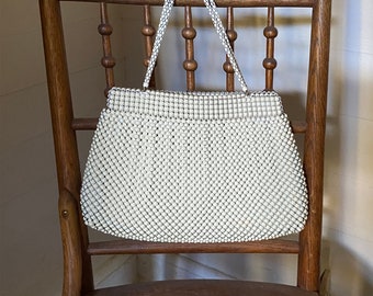 Whiting And Davis White Beaded Bag - Vintage 1950s