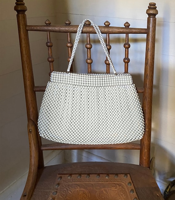 Whiting And Davis White Beaded Bag - Vintage 1950s