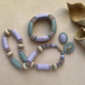 Avon Sunbleached Colors Choker, Bracelet and Clip Earrings in Lavender, Blue and Tan - VIntage 1987