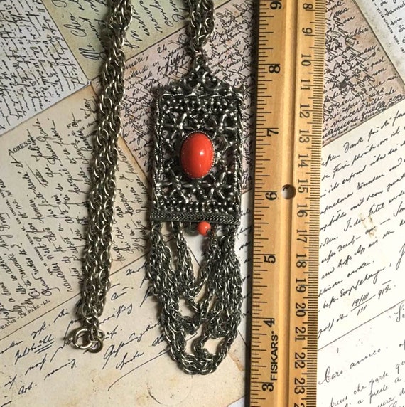 EDLEE Necklace Silver Tone With Coral colored Sto… - image 9