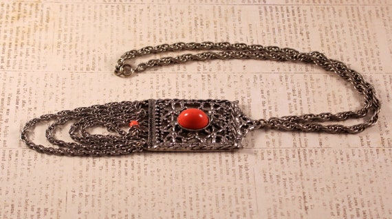 EDLEE Necklace Silver Tone With Coral colored Sto… - image 5