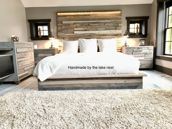 The King Kristopher Set Weathered Driftwood Finish Platform Bedroom Set Modern Industrial Etsy