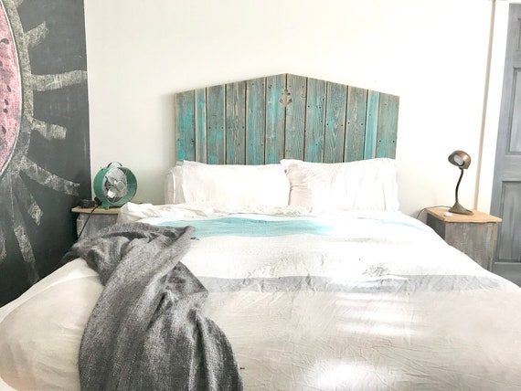 Grey turquoise Cottage Headboard Wood Beach With Custom Cutout