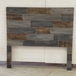 Rustic modern industrial patched wood headboard art standard leg installation