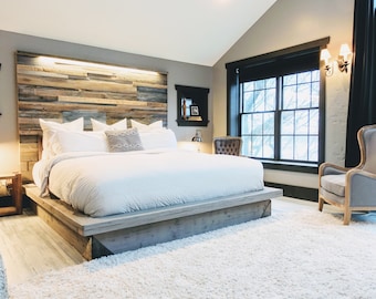 The King Kristopher Weathered driftwood finish platform bed, modern Industrial steel accents, reclaimed wood art