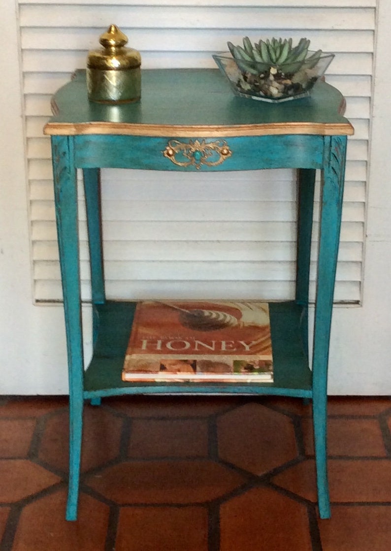 Blue Turquoise Side Table Nightstand Vintage 1940s Image 0