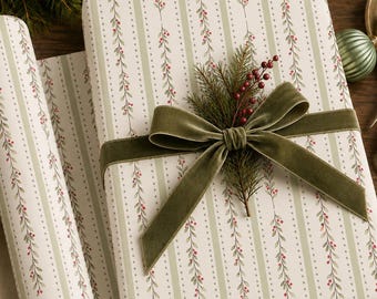 English Mistletoe Stripe Wrapping Paper | Elegant Christmas Gift Wrap | Vintage Botanical Holiday Wrapping Paper |Sage Green Christmas Paper