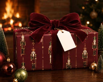 Premium Burgundy Nutcracker Wrapping Paper Dark Moody Nutcracker Gift Wrap Holiday Luxury Gift Wrap Elegant Seasonal Wrapping Paper
