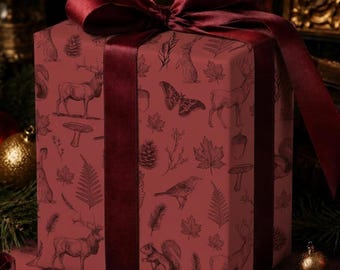 Burgundy Woodland Christmas Wrapping Paper, Vintage Deer Gift Wrap, Forest Animal Holiday Paper, Rustic Elegant Christmas Wrap