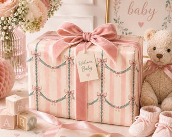 Pink Bow Botanical Wrapping Paper, Coquette Gift Wrap, Pink Stripe Wrapping Paper, Cottagecore Gift Wrap, Luxury Gift Wrap