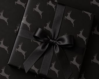 Black Reindeer Wrapping Paper, Modern Deer Gift Wrap, Dark Woodland Christmas Paper, Luxury Holiday Present Wrap