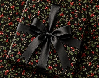 Elegant Holly Berry Wrapping Paper, Black Christmas Gift Wrap, Vintage Botanical Holiday Wrapping Paper, Classic Christmas Gift Wrap