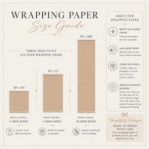 Pu&ograve; includere: Una guida alle dimensioni della carta da regalo color beige che mostra tre dimensioni di rotoli: 30 pollici per 36 pollici, 30 pollici per 72 pollici e 30 pollici per 180 pollici. Il grafico include dettagli su finitura opaca o lucida, stampa su un lato, confezione in rotolo e bordi bianchi.