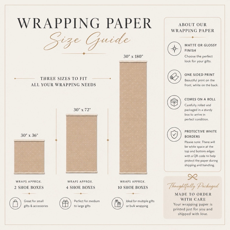 Pu&ograve; includere: Una guida alle dimensioni della carta da regalo color beige che mostra tre dimensioni di rotoli: 30 pollici per 36 pollici, 30 pollici per 72 pollici e 30 pollici per 180 pollici. Il grafico include dettagli su finitura opaca o lucida, stampa su un lato, confezione in rotolo e bordi bianchi.