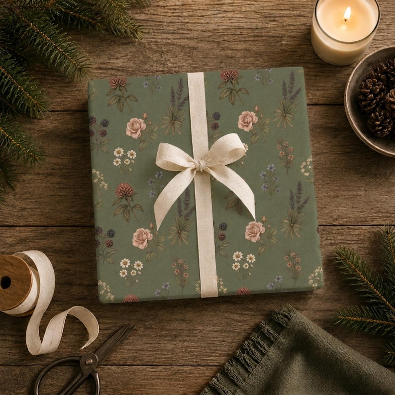 Pu&ograve; includere: Una scatola regalo quadrata avvolta in carta verde salvia con una stampa botanica di rose rosa, margherite bianche, rametti di lavanda e bacche scure. Il pacchetto &egrave; legato con un nastro di tessuto color crema in un semplice fiocco.