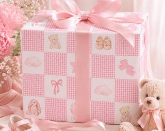 Pink Baby Girl Wrapping Paper, Gingham Baby Shower Gift Wrap, Teddy Bear Nursery Wrap, New Baby Girl Birthday Gift Paper
