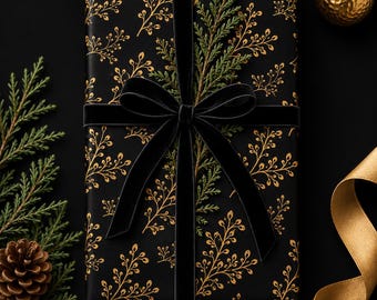Golden Sprigs Black Gold Botanical Wrapping Paper, Elegant Floral Gift Wrap Luxury Christmas Wedding Birthday Gift Wrap Modern Holiday Paper