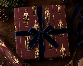 Premium Burgundy Nutcracker Wrapping Paper Dark Moody Nutcracker Gift Wrap Holiday Luxury Gift Wrap Elegant Seasonal Wrapping Paper