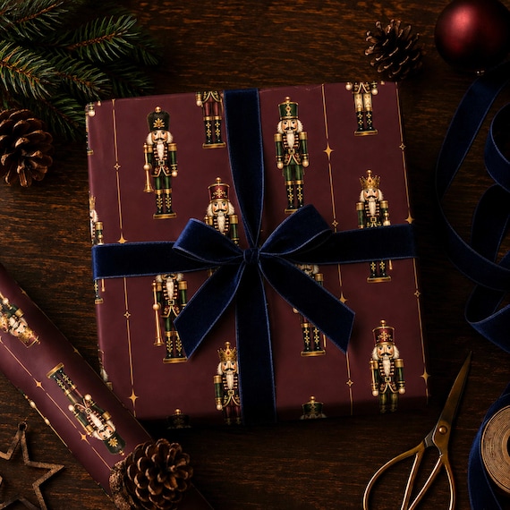 Premium Burgundy Nutcracker Wrapping Paper Dark Moody Nutcracker Gift Wrap Holiday Luxury Gift Wrap Elegant Seasonal Wrapping Paper