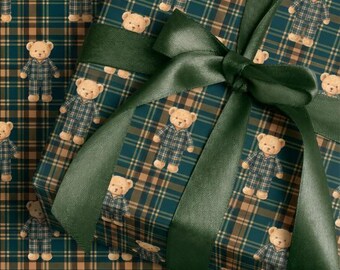 Teddy Bear Plaid Wrapping Paper, Green Tartan Gift Wrap, Preppy Christmas Paper, Woodland Holiday Gift Wrap, Vintage Bear Paper