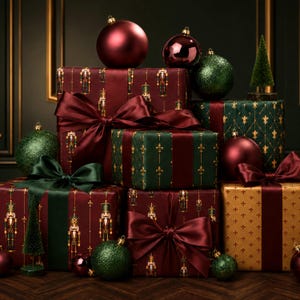 Pode incluir: Uma cole&ccedil;&atilde;o de caixas de presente embrulhadas em papel bord&ocirc; e verde escuro com padr&otilde;es de quebra-nozes e flor-de-lis, adornadas com fitas e la&ccedil;os de cetim, acentuadas por enfeites de Natal foscos e brilhantes e pequenas &aacute;rvores decorativas.