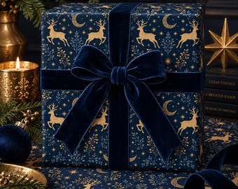 Christmas Wrapping Paper, Navy Gold Reindeer Gift Wrap, Celestial Holiday Wrapping Paper, Elegant Christmas Gift Wrap, Winter Deer Paper
