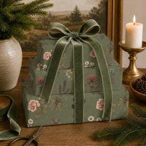 Pu&ograve; includere: Una pila di tre scatole regalo rettangolari avvolte in carta verde salvia con una stampa botanica di rose rosa, margherite bianche e fiori di campo viola. Un ampio nastro di velluto verde salvia &egrave; legato in un grande fiocco centrale.