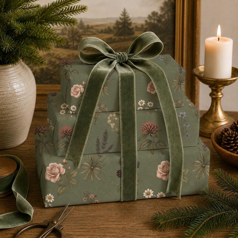 Pu&ograve; includere: Una pila di tre scatole regalo rettangolari avvolte in carta verde salvia con una stampa botanica di rose rosa, margherite bianche e fiori di campo viola. Un ampio nastro di velluto verde salvia &egrave; legato in un grande fiocco centrale.