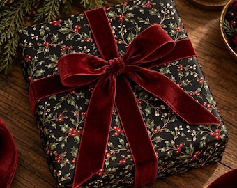 Elegant Holly Berry Wrapping Paper, Black Christmas Gift Wrap, Vintage Botanical Holiday Wrapping Paper, Classic Christmas Gift Wrap