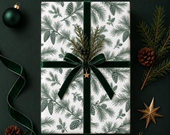 Pine Cone Christmas Wrapping Paper, Toile Green Botanical Gift Wrap, Vintage Pine Branch Holiday Paper, Woodland Christmas Wrap