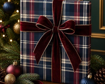 Winter Manor Tartan Wrapping Paper, Navy Burgundy Plaid Christmas Gift Wrap, Luxury Holiday Wrapping Paper