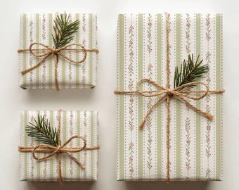 English Mistletoe Stripe Wrapping Paper | Elegant Christmas Gift Wrap | Vintage Botanical Holiday Wrapping Paper |Sage Green Christmas Paper