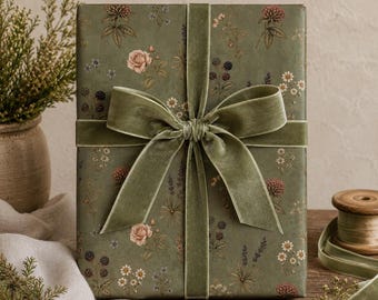 Sage Green Floral Wrapping Paper, Vintage Botanical Gift Wrap, Cottagecore Wildflower Paper, Romantic Garden Gift Wrap
