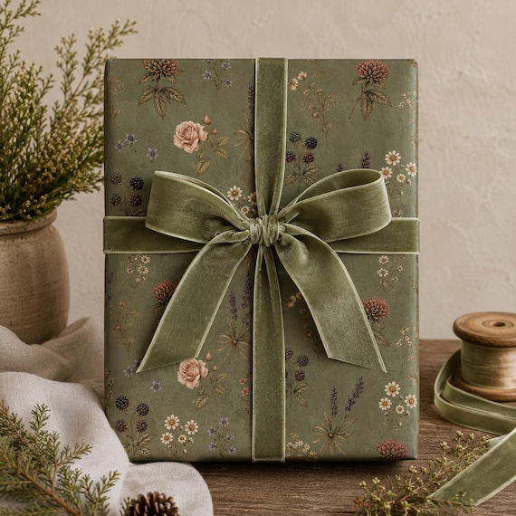 Sage Green Floral Wrapping Paper, Vintage Botanical Gift Wrap, Cottagecore Wildflower Paper, Romantic Garden Gift Wrap