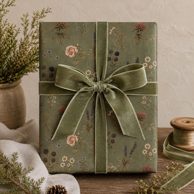 Pu&ograve; includere: Una scatola regalo rettangolare avvolta in carta verde salvia con una stampa botanica di piccoli fiori, bacche e foglie. La scatola &egrave; legata con un ampio nastro di velluto verde salvia annodato in un grande fiocco centrato sul davanti.