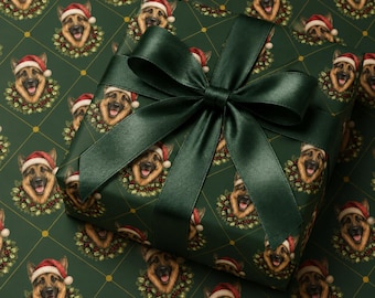 German Shepherd Christmas Wrapping Paper, Holiday Dog Gift Wrap, German Shepherd Gift, Premium Christmas Forest Green Wrapping Paper