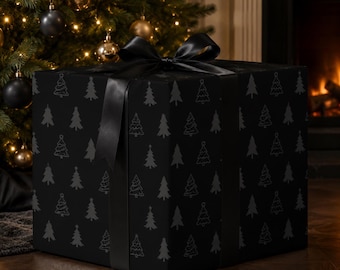 Black Christmas Tree Wrapping Paper, Modern Holiday Gift Wrap, Minimalist Christmas Paper, Monochrome Xmas Wrap, Matte or Glossy