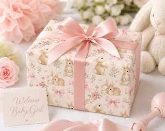 Pink Bunny Wrapping Paper, Baby Girl Gift Wrap, Watercolor Rabbit Floral Paper, Baby Shower Wrap, Easter Bunny Gift Paper