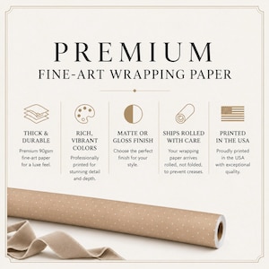 Pu&ograve; includere: Carta da regalo artistica premium con sfondo marrone chiaro e motivo a pois bianchi. Il testo include Premium Fine-Art Wrapping Paper, Thick & Durable, Rich, Vibrant Colors, Matte or Gloss Finish, Ships Rolled with Care e Printed in the USA.