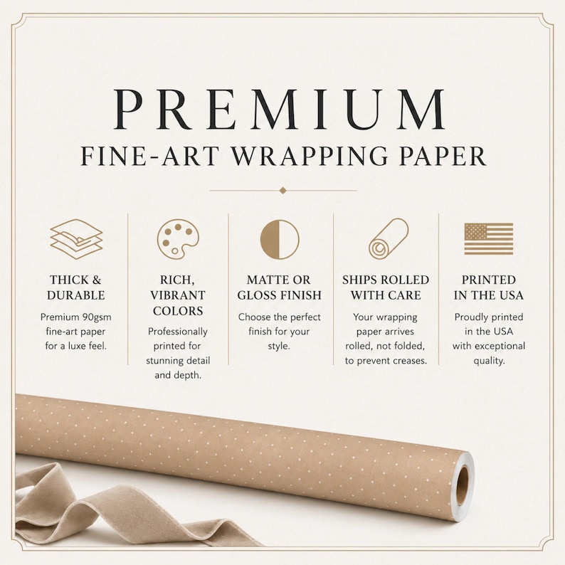 Pu&ograve; includere: Carta da regalo artistica premium con sfondo marrone chiaro e motivo a pois bianchi. Il testo include Premium Fine-Art Wrapping Paper, Thick & Durable, Rich, Vibrant Colors, Matte or Gloss Finish, Ships Rolled with Care e Printed in the USA.