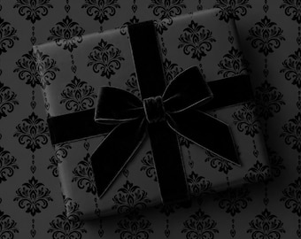 Black Damask Wrapping Paper, Gothic Elegant Gift Wrap, Dark Gray Baroque Floral Paper for Weddings, Birthdays & Holidays
