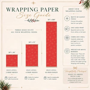 Pode incluir: Um guia de tamanhos de papel de presente com tr&ecirc;s rolos vermelhos com padr&otilde;es de flocos de neve dourados em 76 cm x 91 cm, 76 cm x 183 cm e 76 cm x 457 cm. O gr&aacute;fico detalha acabamentos foscos ou brilhantes, impress&atilde;o e bordas brancas.
