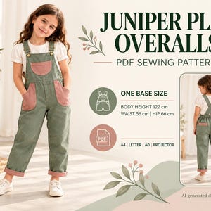 Może przedstawiać: Wykrój krawiecki PDF Juniper Play Overalls z oliwkowozielonymi ogrodniczkami i różowymi kieszeniami. Zawiera wymiary dla 122 cm wzrostu, 56 cm w talii i 66 cm w biodrach. Wzór dostępny w formatach A4, Letter, A0 oraz do projektora.