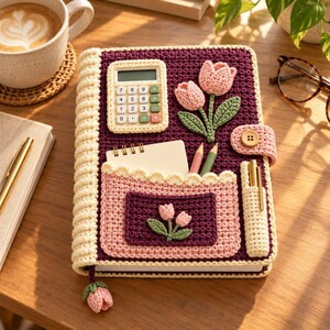 May include: A dark purple crochet notebook cover featuring a cream-colored ribbed spine, a front pocket with a scalloped edge, and a button closure. The cover is decorated with crocheted pink tulips, a small calculator, and a pen holder.